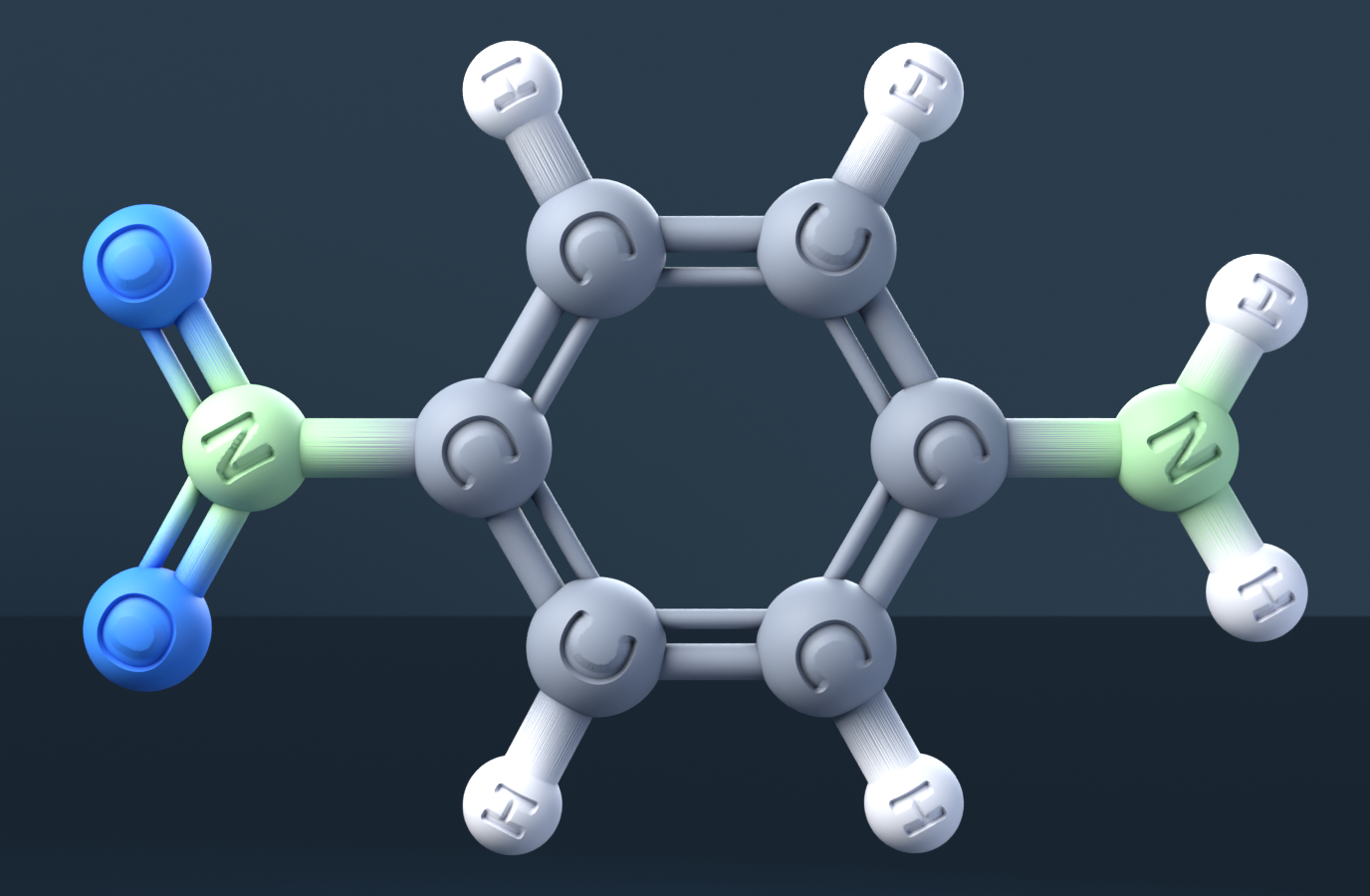 4-Nitroaniline (CAS 100-01-6), C6H6N2O2 - 3D ball-and-stick molecular model, engraved element symbols (C H N O), MolGod STL preview 4-Nitroaniline (CAS 100-01-6), C6H6N2O2 - 3D ball-and-stick molecular model, engraved element symbols (C H N O), MolGod STL preview