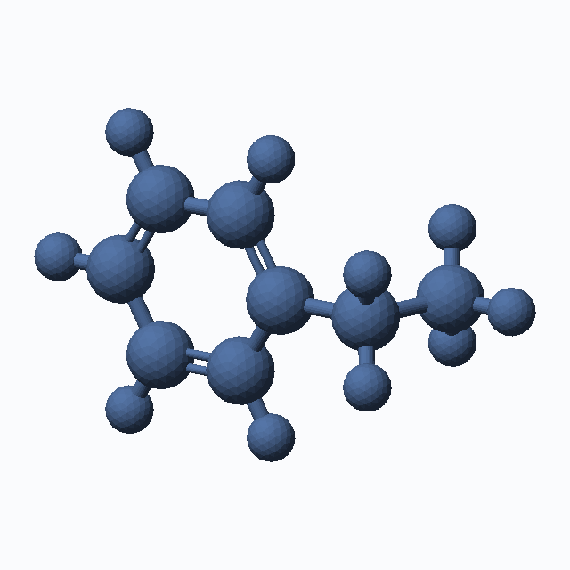 Ethylbenzene (CAS 100-41-4), C8H10 - 3D ball-and-stick molecular model, MolGod STL preview Ethylbenzene (CAS 100-41-4), C8H10 - 3D ball-and-stick molecular model, MolGod STL preview