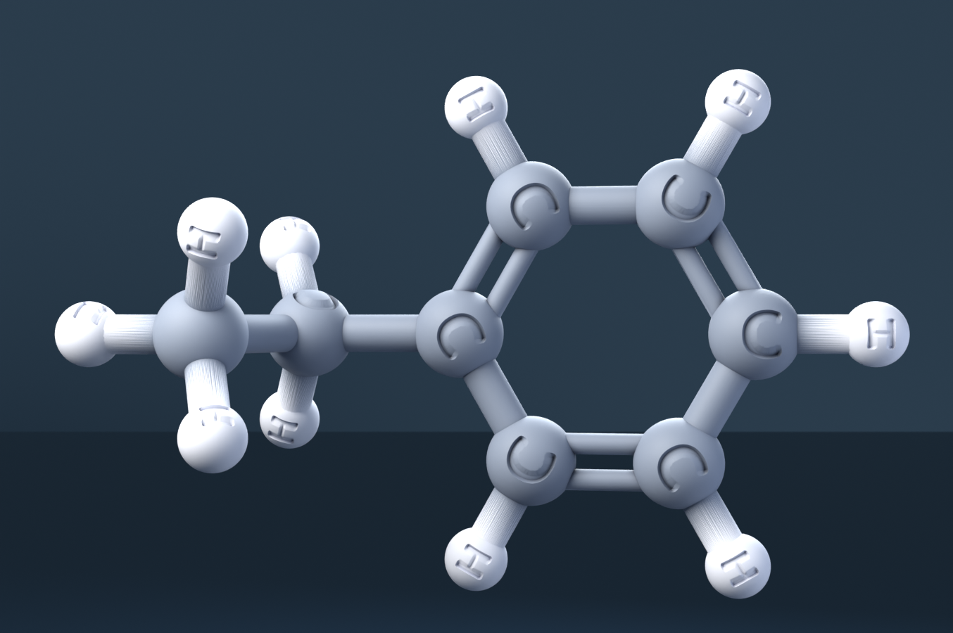 Ethylbenzene (CAS 100-41-4), C8H10 - 3D ball-and-stick molecular model, engraved element symbols (C H), MolGod STL preview Ethylbenzene (CAS 100-41-4), C8H10 - 3D ball-and-stick molecular model, engraved element symbols (C H), MolGod STL preview