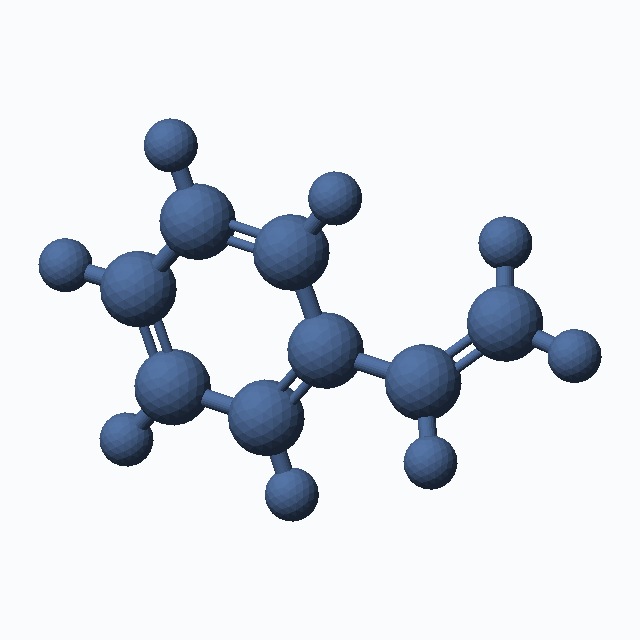 styrene (CAS 100-42-5), C8H8 - 3D ball-and-stick molecular model, MolGod STL preview styrene (CAS 100-42-5), C8H8 - 3D ball-and-stick molecular model, MolGod STL preview