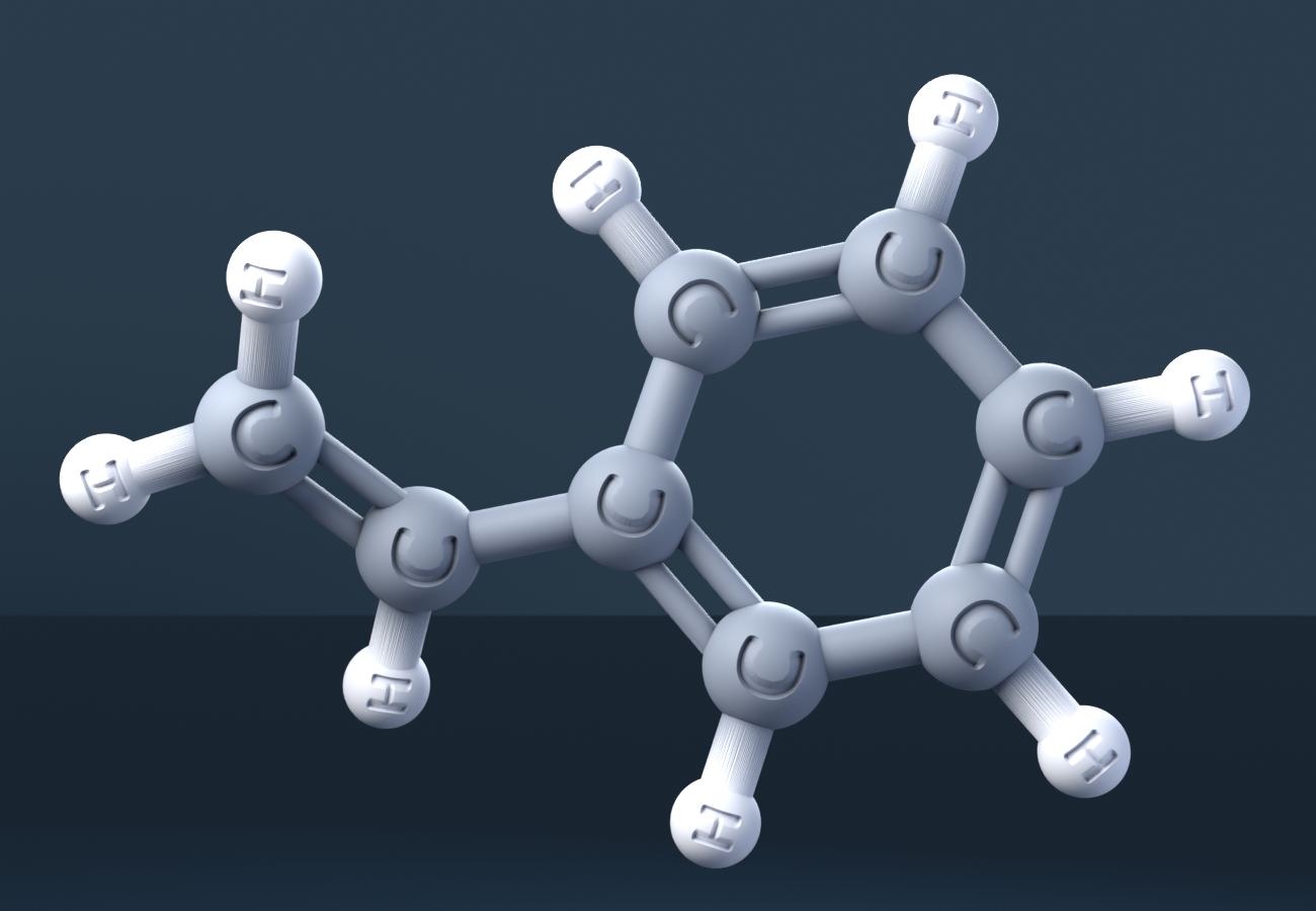 styrene (CAS 100-42-5), C8H8 - 3D ball-and-stick molecular model, engraved element symbols (C H), MolGod STL preview styrene (CAS 100-42-5), C8H8 - 3D ball-and-stick molecular model, engraved element symbols (C H), MolGod STL preview