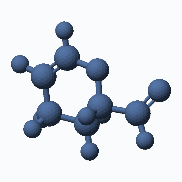 Acrolein dimer (CAS 100-73-2), C6H8O2 - 3D ball-and-stick molecular model, MolGod STL preview Acrolein dimer (CAS 100-73-2), C6H8O2 - 3D ball-and-stick molecular model, MolGod STL preview