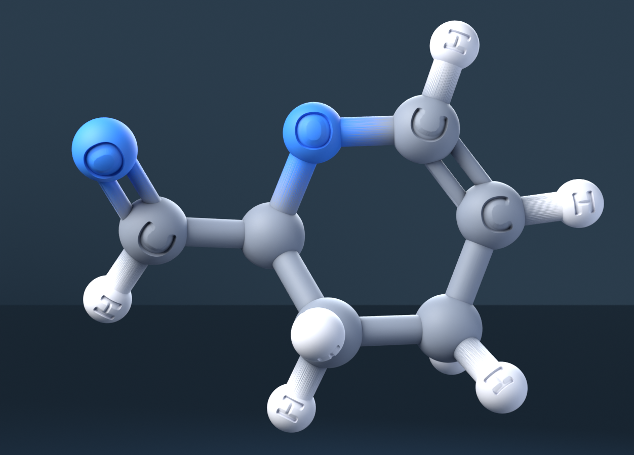 Acrolein dimer (CAS 100-73-2), C6H8O2 - 3D ball-and-stick molecular model, engraved element symbols (C H O), MolGod STL preview Acrolein dimer (CAS 100-73-2), C6H8O2 - 3D ball-and-stick molecular model, engraved element symbols (C H O), MolGod STL preview