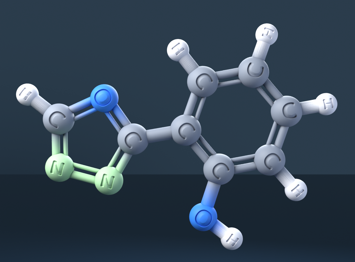 Fenadiazole (CAS 1008-65-7), C8H6N2O2 - 3D ball-and-stick molecular model, engraved element symbols (C H N O), MolGod STL preview Fenadiazole (CAS 1008-65-7), C8H6N2O2 - 3D ball-and-stick molecular model, engraved element symbols (C H N O), MolGod STL preview
