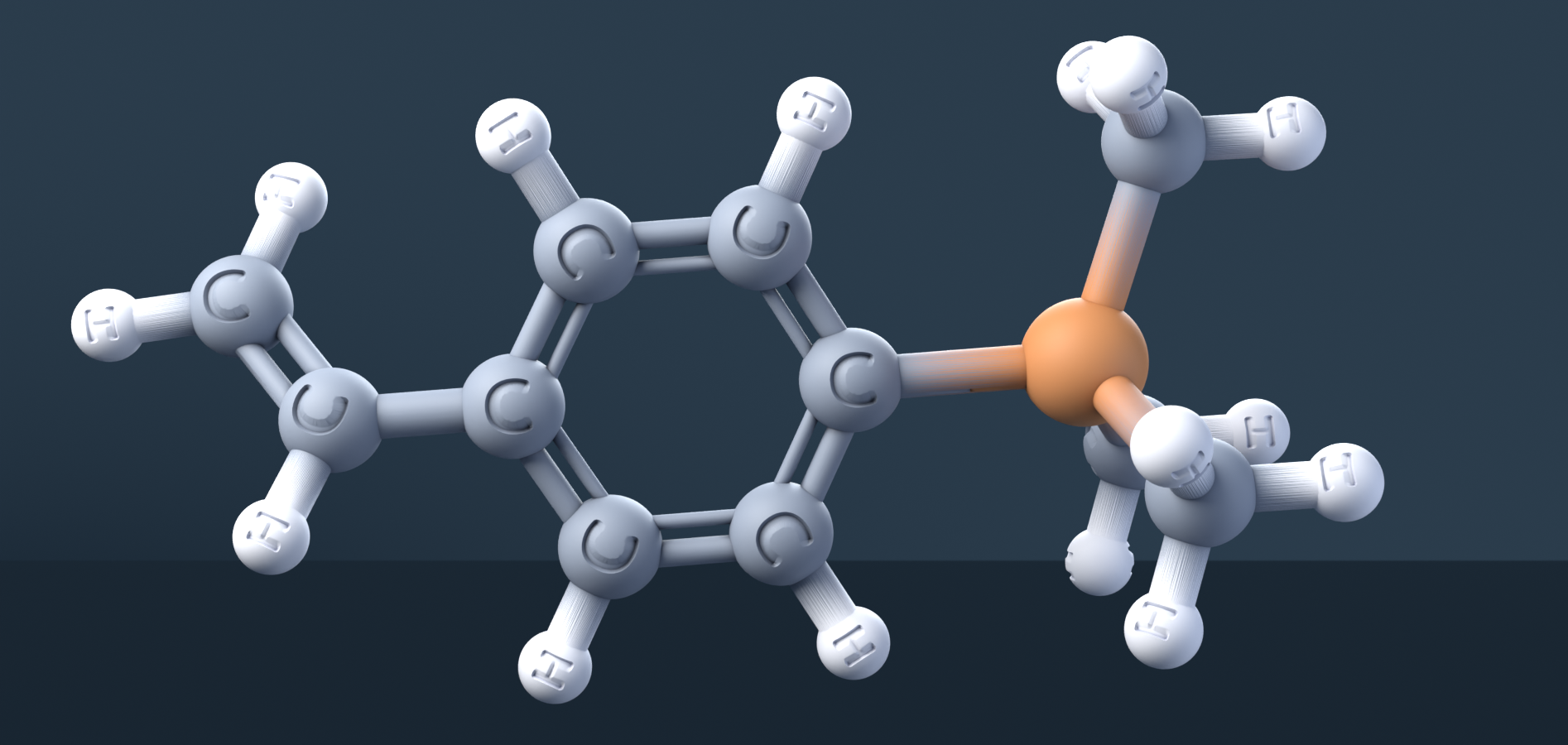 Trimethyl(4-vinylphenyl)silane (CAS 1009-43-4), C11H16Si - 3D ball-and-stick molecular model, engraved element symbols (C H Si), MolGod STL preview Trimethyl(4-vinylphenyl)silane (CAS 1009-43-4), C11H16Si - 3D ball-and-stick molecular model, engraved element symbols (C H Si), MolGod STL preview