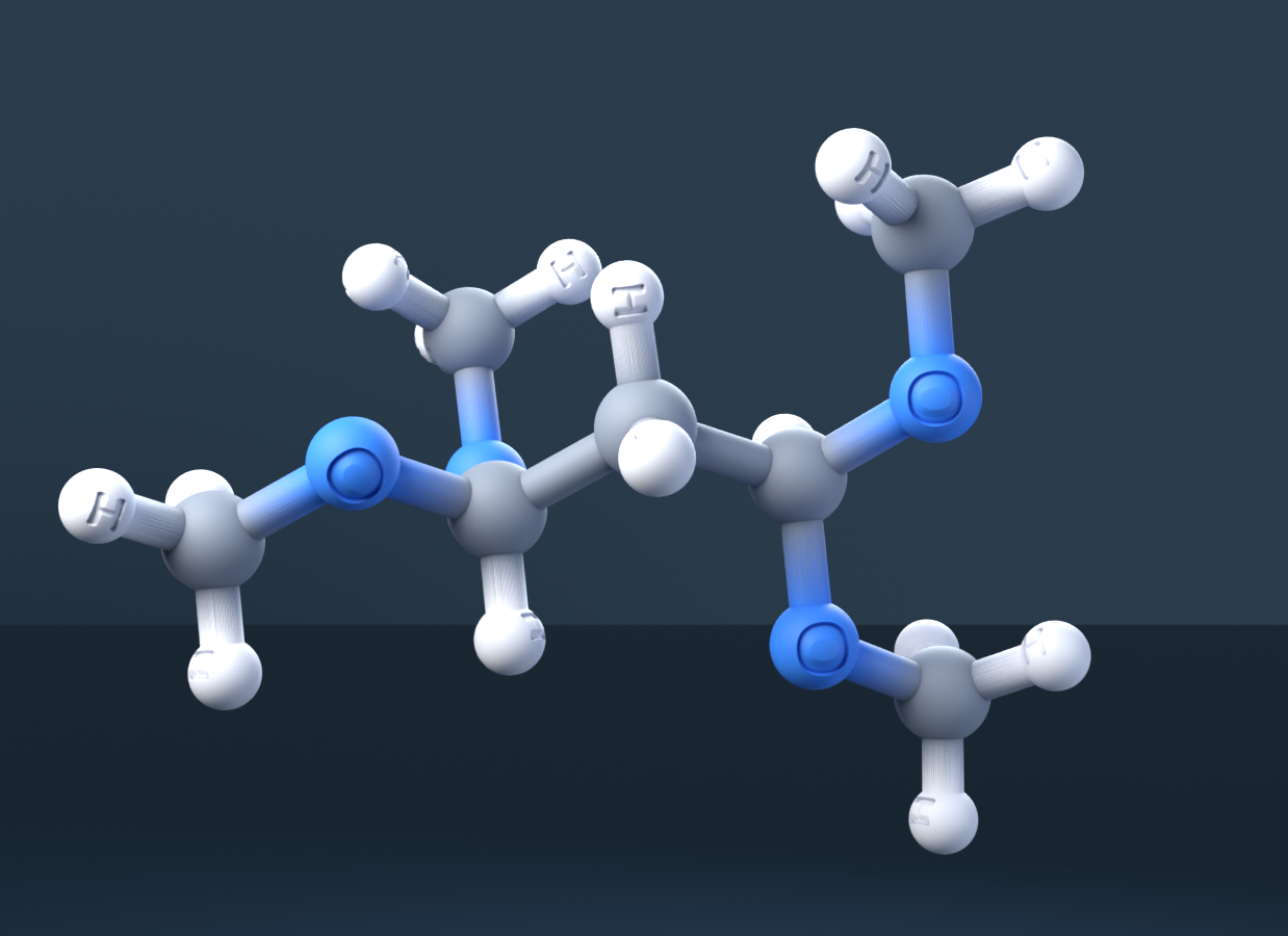 Tetramethoxypropane (CAS 102-52-3), C7H16O4 - 3D ball-and-stick molecular model, engraved element symbols (C H O), MolGod STL preview Tetramethoxypropane (CAS 102-52-3), C7H16O4 - 3D ball-and-stick molecular model, engraved element symbols (C H O), MolGod STL preview