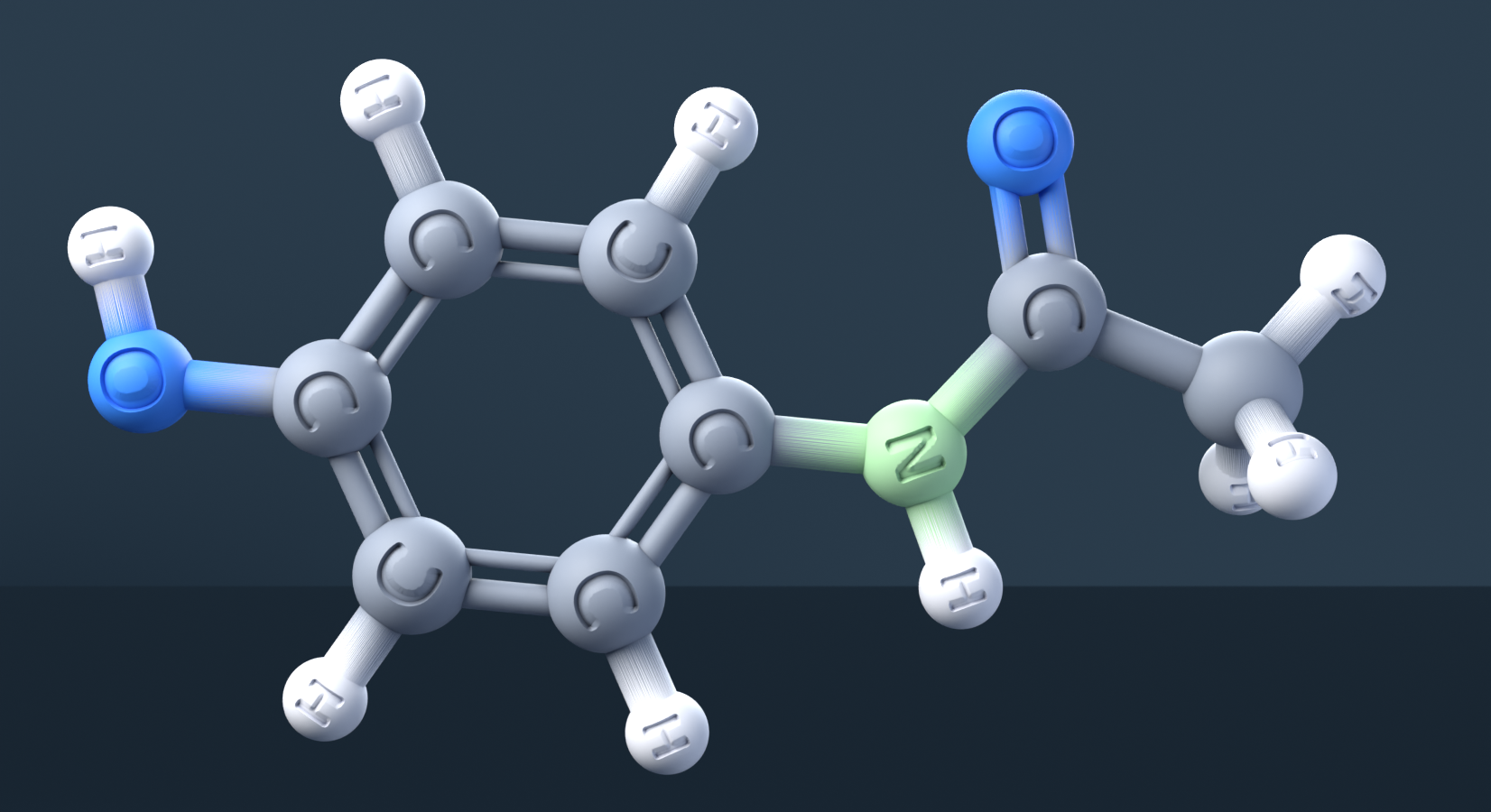 Acetaminophen (CAS 103-90-2), C8H9NO2 - 3D ball-and-stick molecular model, engraved element symbols (C H N O), MolGod STL preview Acetaminophen (CAS 103-90-2), C8H9NO2 - 3D ball-and-stick molecular model, engraved element symbols (C H N O), MolGod STL preview