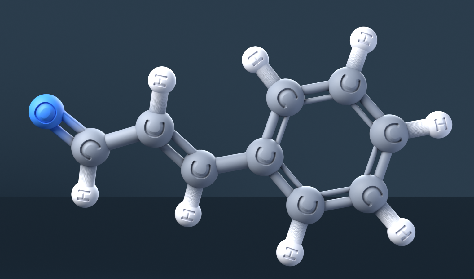 Cinnamaldehyde (CAS 104-55-2), C9H8O - 3D ball-and-stick molecular model, engraved element symbols (C H O), MolGod STL preview Cinnamaldehyde (CAS 104-55-2), C9H8O - 3D ball-and-stick molecular model, engraved element symbols (C H O), MolGod STL preview