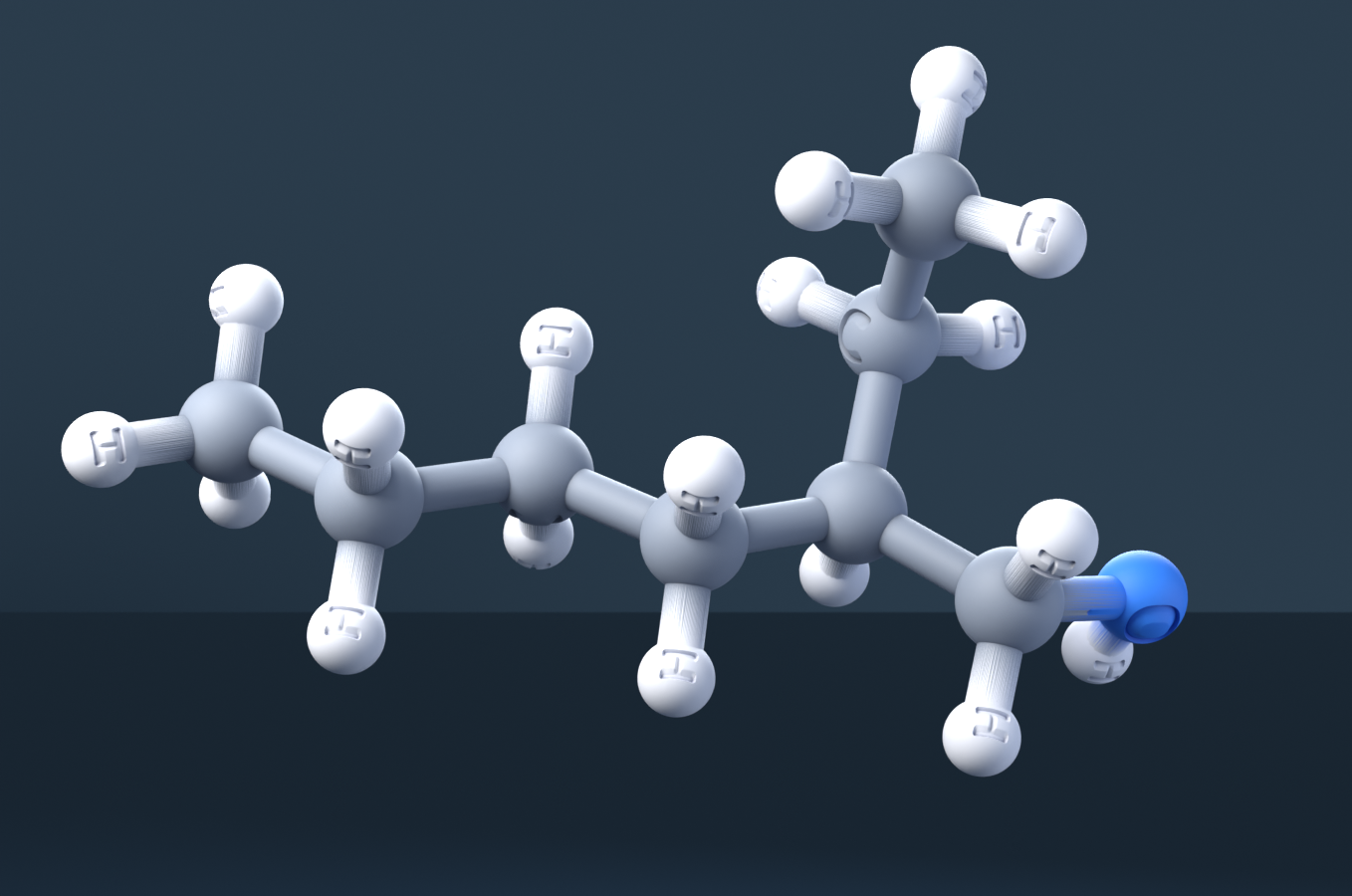 2-Ethylhexanol (CAS 104-76-7), C8H18O - 3D ball-and-stick molecular model, engraved element symbols (C H O), MolGod STL preview 2-Ethylhexanol (CAS 104-76-7), C8H18O - 3D ball-and-stick molecular model, engraved element symbols (C H O), MolGod STL preview