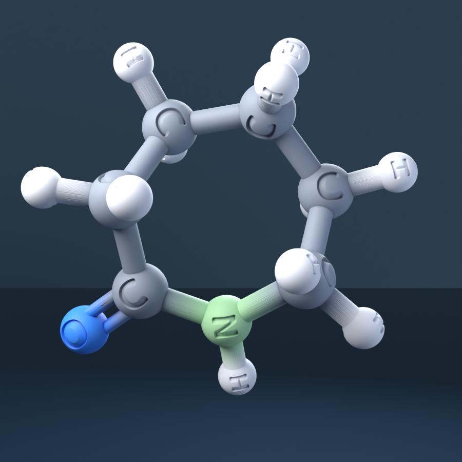 Caprolactam (CAS 105-60-2), C6H11NO - 3D ball-and-stick molecular model, engraved element symbols (C H N O), MolGod STL preview Caprolactam (CAS 105-60-2), C6H11NO - 3D ball-and-stick molecular model, engraved element symbols (C H N O), MolGod STL preview