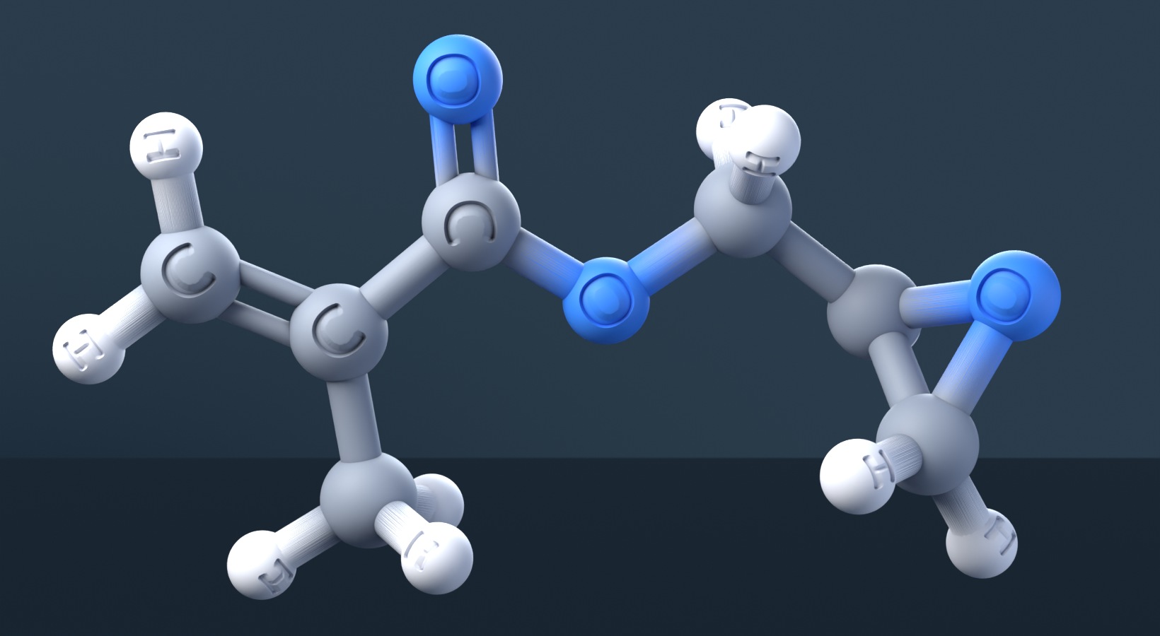 Glycidyl methacrylate (CAS 106-91-2), C7H10O3 - 3D ball-and-stick molecular model, engraved element symbols (C H O), MolGod STL preview Glycidyl methacrylate (CAS 106-91-2), C7H10O3 - 3D ball-and-stick molecular model, engraved element symbols (C H O), MolGod STL preview