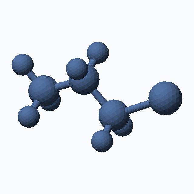 1-Bromopropane (CAS 106-94-5), C3H7Br - 3D ball-and-stick molecular model, MolGod STL preview 1-Bromopropane (CAS 106-94-5), C3H7Br - 3D ball-and-stick molecular model, MolGod STL preview