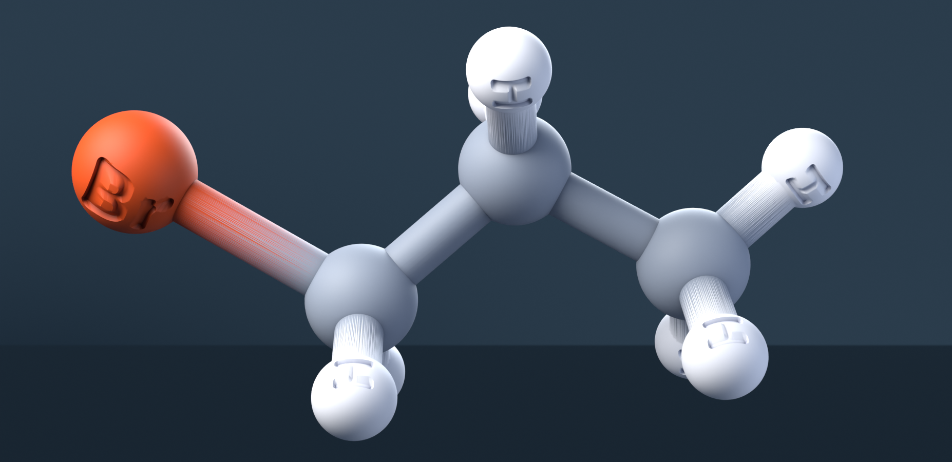1-Bromopropane (CAS 106-94-5), C3H7Br - 3D ball-and-stick molecular model, engraved element symbols (C H Br), MolGod STL preview 1-Bromopropane (CAS 106-94-5), C3H7Br - 3D ball-and-stick molecular model, engraved element symbols (C H Br), MolGod STL preview