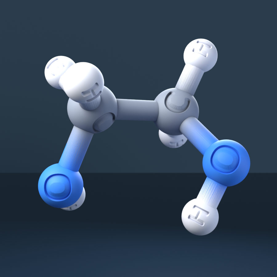 Ethylene Glycol (CAS 107-21-1), C2H6O2 - 3D ball-and-stick molecular model, engraved element symbols (C H O), MolGod STL preview Ethylene Glycol (CAS 107-21-1), C2H6O2 - 3D ball-and-stick molecular model, engraved element symbols (C H O), MolGod STL preview