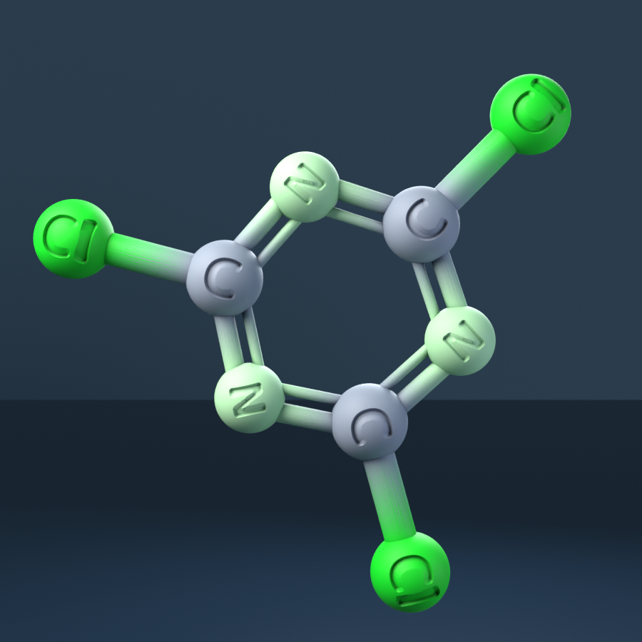 Cyanuric chloride (CAS 108-77-0), C3Cl3N3 - 3D ball-and-stick molecular model, engraved element symbols (C Cl N), MolGod STL preview Cyanuric chloride (CAS 108-77-0), C3Cl3N3 - 3D ball-and-stick molecular model, engraved element symbols (C Cl N), MolGod STL preview