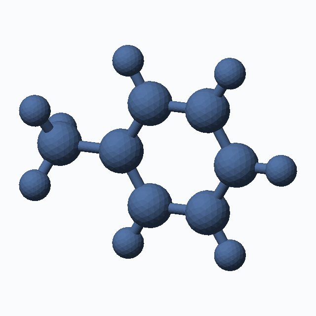 toluene (CAS 108-88-3), C7H8 - 3D ball-and-stick molecular model, MolGod STL preview toluene (CAS 108-88-3), C7H8 - 3D ball-and-stick molecular model, MolGod STL preview