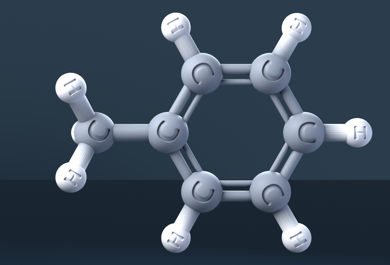 toluene (CAS 108-88-3), C7H8 - 3D ball-and-stick molecular model, engraved element symbols (C H), MolGod STL preview toluene (CAS 108-88-3), C7H8 - 3D ball-and-stick molecular model, engraved element symbols (C H), MolGod STL preview