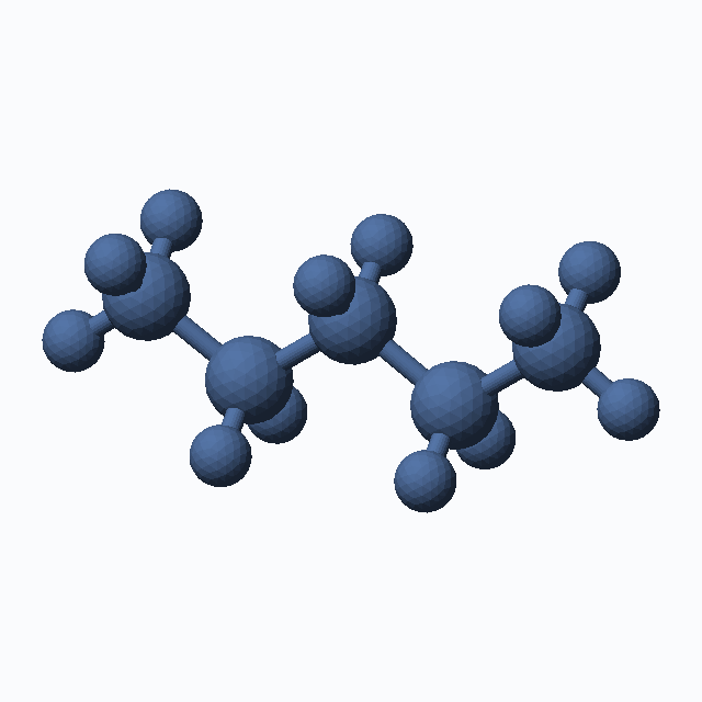 Pentane (CAS 109-66-0), C5H12 - 3D ball-and-stick molecular model, MolGod STL preview Pentane (CAS 109-66-0), C5H12 - 3D ball-and-stick molecular model, MolGod STL preview