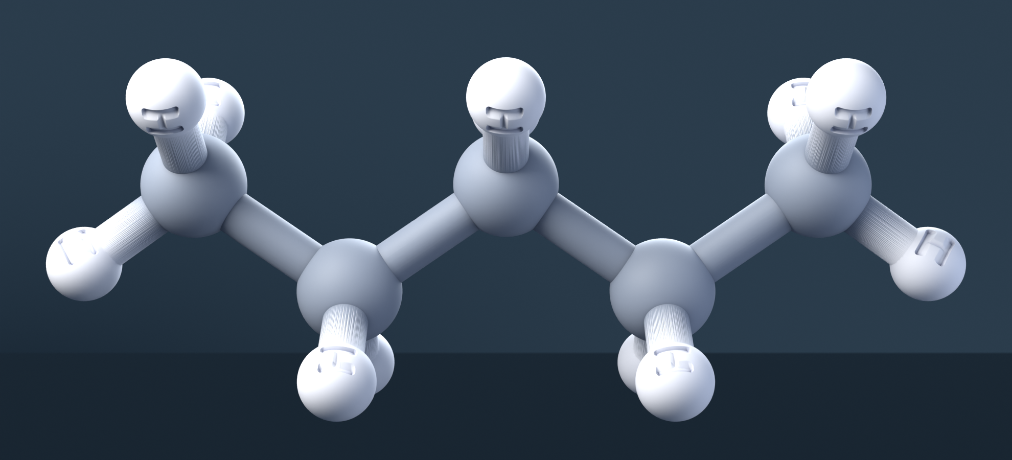Pentane (CAS 109-66-0), C5H12 - 3D ball-and-stick molecular model, engraved element symbols (C H), MolGod STL preview Pentane (CAS 109-66-0), C5H12 - 3D ball-and-stick molecular model, engraved element symbols (C H), MolGod STL preview