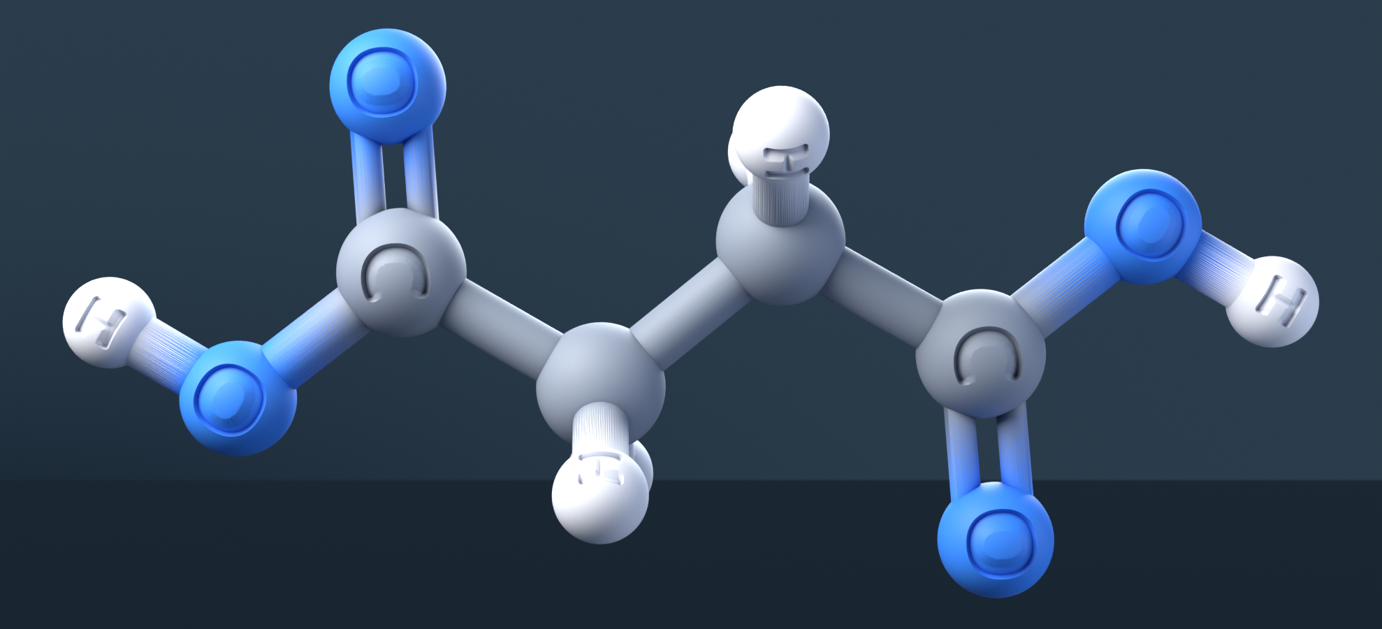 succinic acid (CAS 110-15-6), C4H6O4 - 3D ball-and-stick molecular model, engraved element symbols (C H O), MolGod STL preview succinic acid (CAS 110-15-6), C4H6O4 - 3D ball-and-stick molecular model, engraved element symbols (C H O), MolGod STL preview