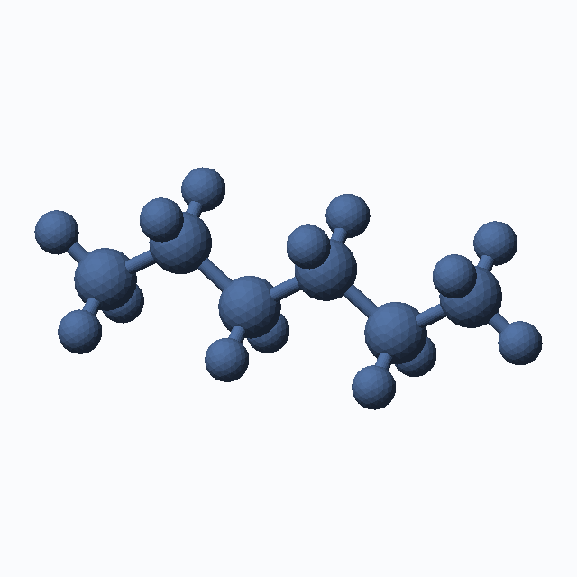 Hexane (CAS 110-54-3), C6H14 - 3D ball-and-stick molecular model, MolGod STL preview Hexane (CAS 110-54-3), C6H14 - 3D ball-and-stick molecular model, MolGod STL preview