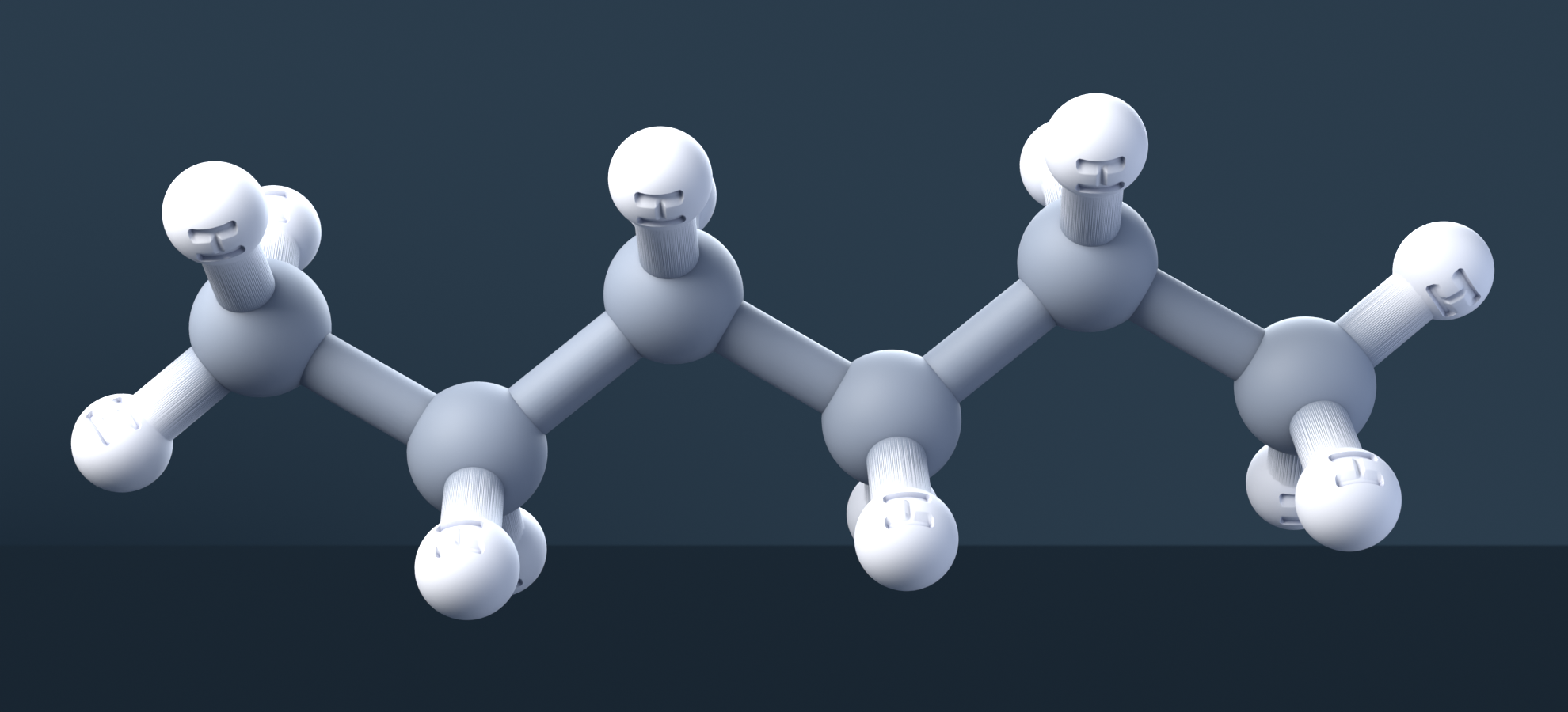 Hexane (CAS 110-54-3), C6H14 - 3D ball-and-stick molecular model, engraved element symbols (C H), MolGod STL preview Hexane (CAS 110-54-3), C6H14 - 3D ball-and-stick molecular model, engraved element symbols (C H), MolGod STL preview