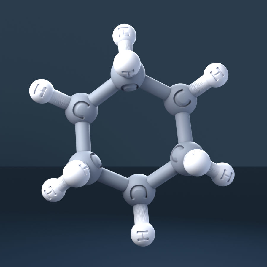 cyclohexane (CAS 110-82-7), C6H12 - 3D ball-and-stick molecular model, engraved element symbols (C H), MolGod STL preview cyclohexane (CAS 110-82-7), C6H12 - 3D ball-and-stick molecular model, engraved element symbols (C H), MolGod STL preview