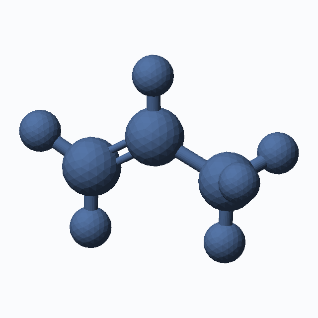 propylene (CAS 115-07-1), C3H6 - 3D ball-and-stick molecular model, MolGod STL preview propylene (CAS 115-07-1), C3H6 - 3D ball-and-stick molecular model, MolGod STL preview