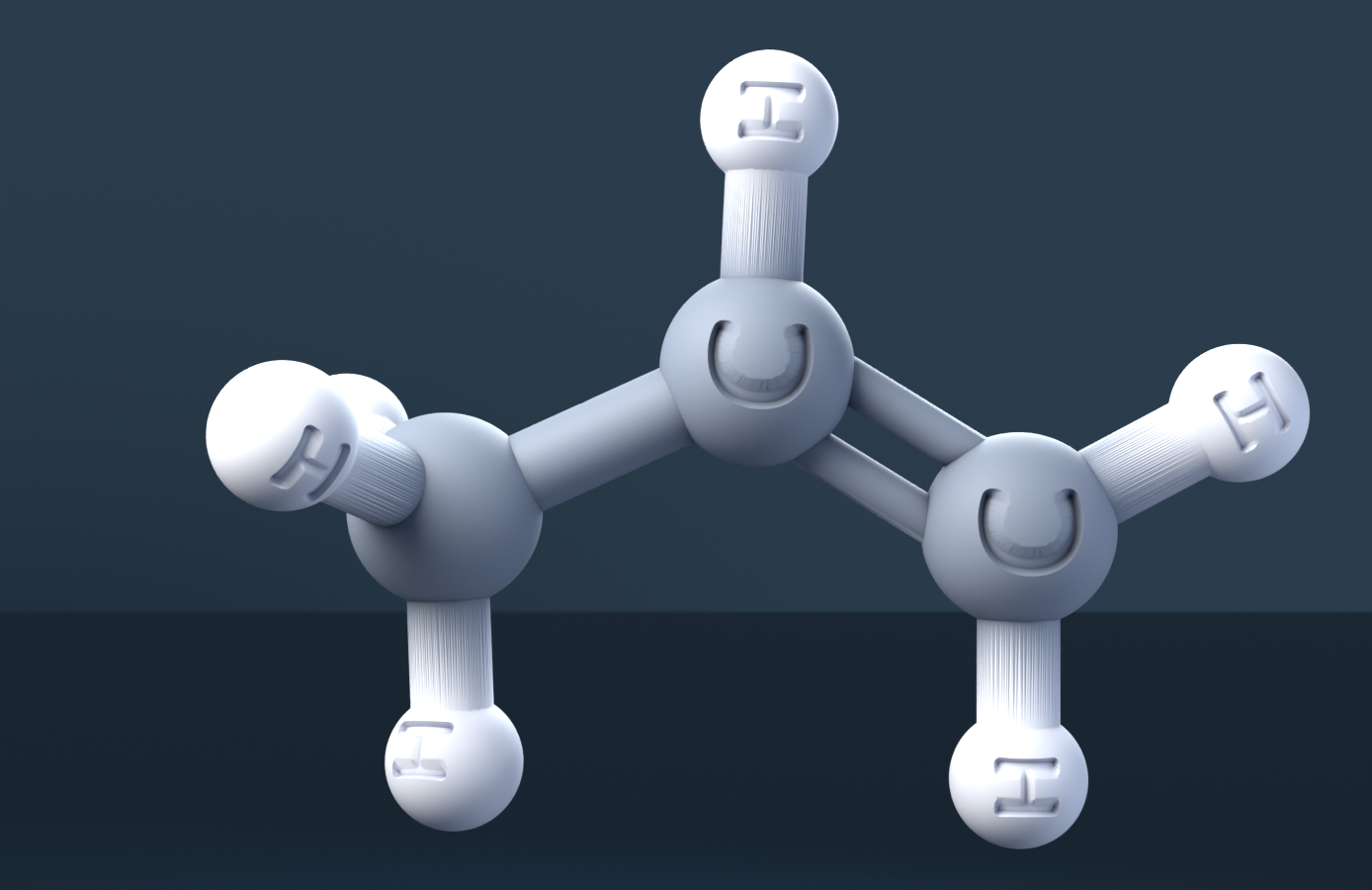 propylene (CAS 115-07-1), C3H6 - 3D ball-and-stick molecular model, engraved element symbols (C H), MolGod STL preview propylene (CAS 115-07-1), C3H6 - 3D ball-and-stick molecular model, engraved element symbols (C H), MolGod STL preview
