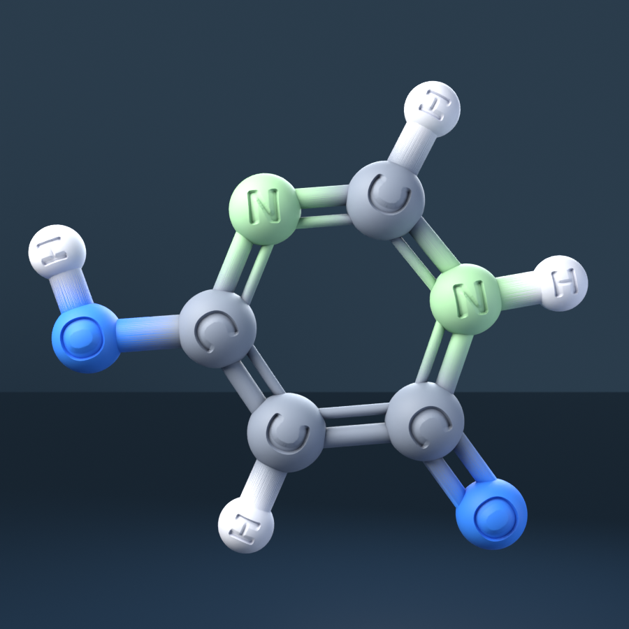 6-Hydroxy-4-pyrimidinone (CAS 1193-24-4), C4H4N2O2 - 3D ball-and-stick molecular model, engraved element symbols (C H N O), MolGod STL preview 6-Hydroxy-4-pyrimidinone (CAS 1193-24-4), C4H4N2O2 - 3D ball-and-stick molecular model, engraved element symbols (C H N O), MolGod STL preview
