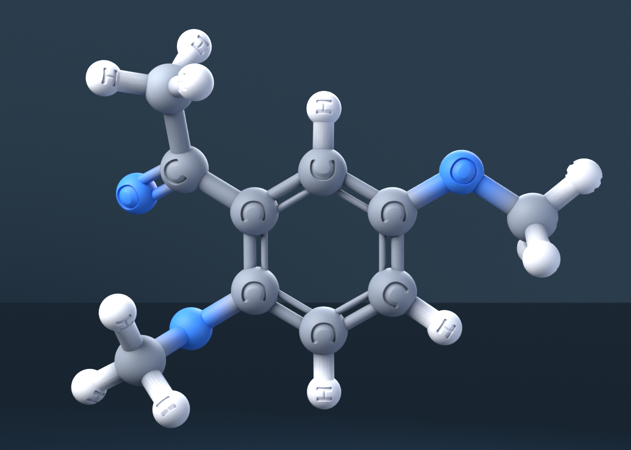 2',5'-Dimethoxyacetophenone (CAS 1201-38-3), C10H12O3 - 3D ball-and-stick molecular model, engraved element symbols (C H O), MolGod STL preview 2',5'-Dimethoxyacetophenone (CAS 1201-38-3), C10H12O3 - 3D ball-and-stick molecular model, engraved element symbols (C H O), MolGod STL preview