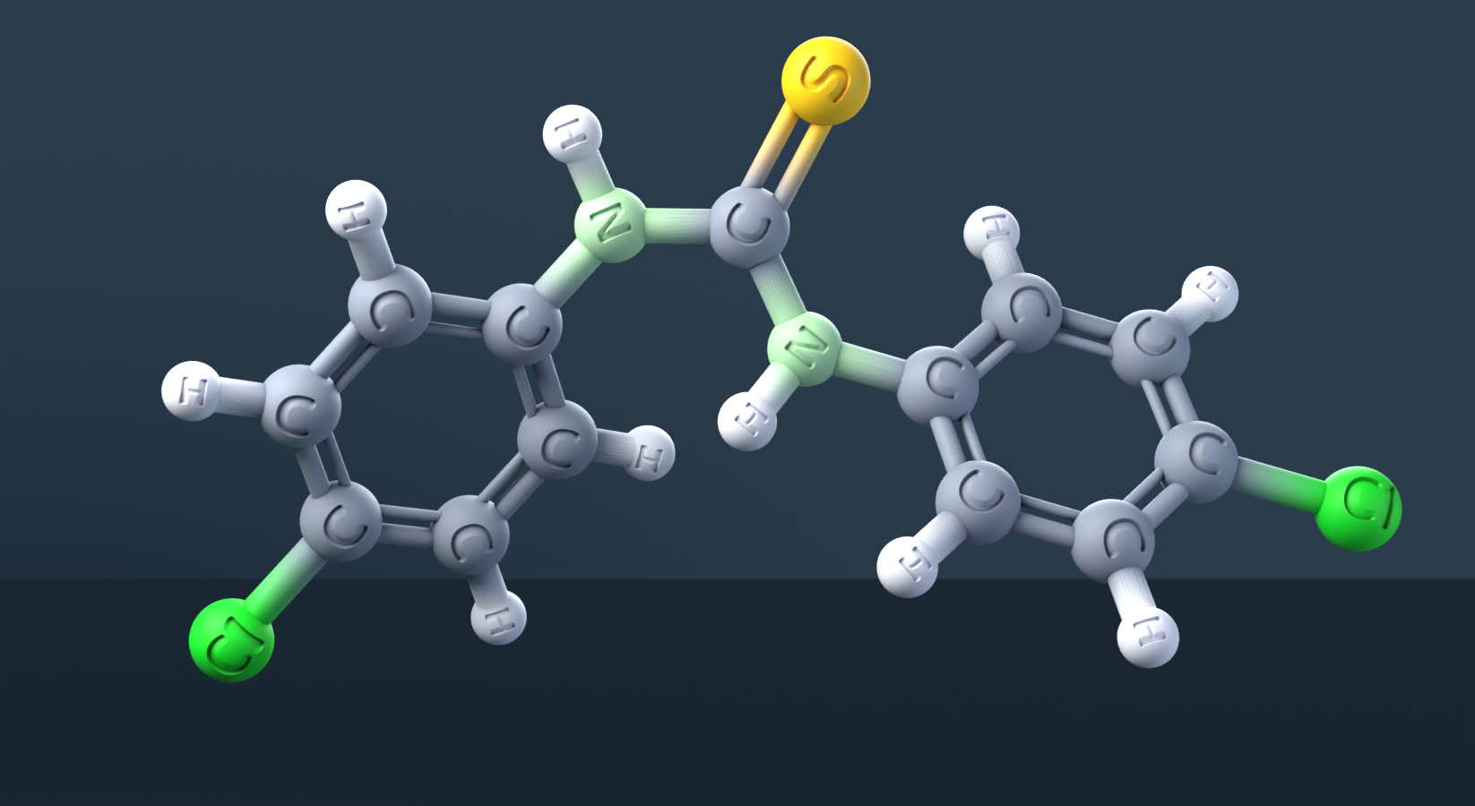 Di-p-chlorophenylthiourea (CAS 1220-00-4), C13H10Cl2N2S - 3D ball-and-stick molecular model, engraved element symbols (C H Cl N S), MolGod STL preview Di-p-chlorophenylthiourea (CAS 1220-00-4), C13H10Cl2N2S - 3D ball-and-stick molecular model, engraved element symbols (C H Cl N S), MolGod STL preview