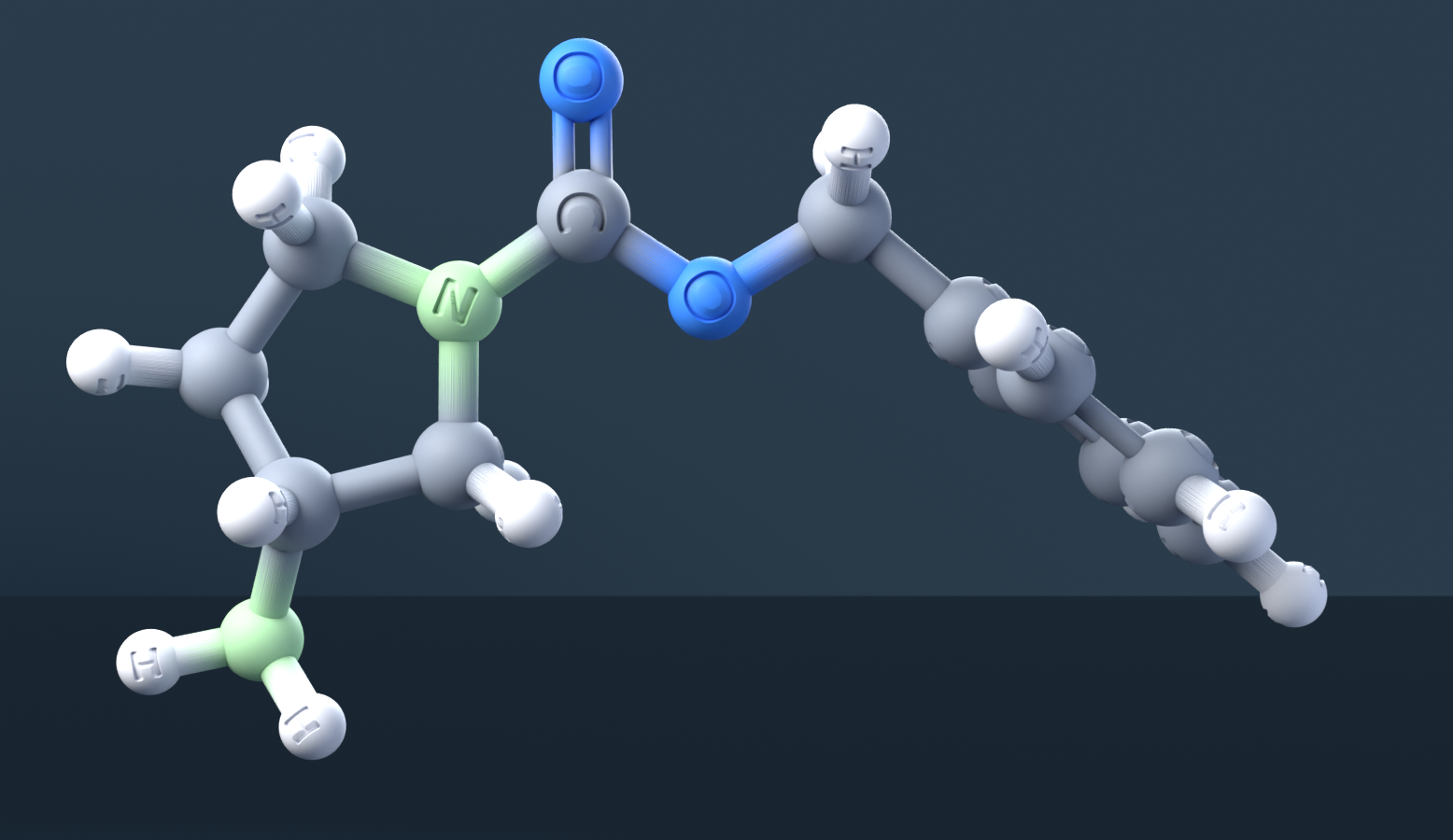 (R)-3-Amino-1-N-Cbz-pyrrolidine (CAS 122536-73-6), C12H16N2O2 - 3D ball-and-stick molecular model, engraved element symbols (C H N O), MolGod STL preview (R)-3-Amino-1-N-Cbz-pyrrolidine (CAS 122536-73-6), C12H16N2O2 - 3D ball-and-stick molecular model, engraved element symbols (C H N O), MolGod STL preview