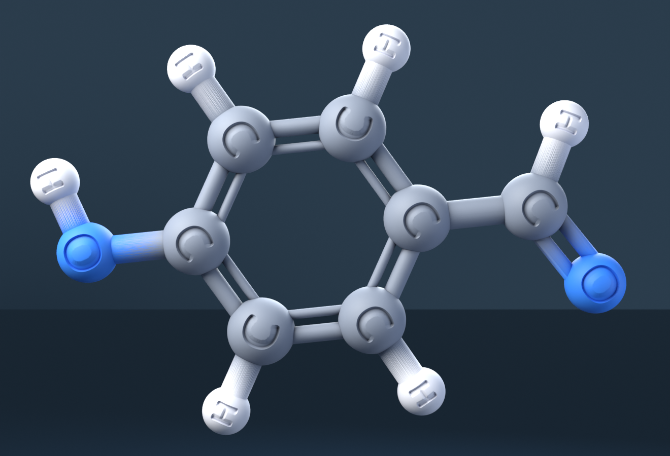 4-Hydroxybenzaldehyde (CAS 123-08-0), C7H6O2 - 3D ball-and-stick molecular model, engraved element symbols (C H O), MolGod STL preview 4-Hydroxybenzaldehyde (CAS 123-08-0), C7H6O2 - 3D ball-and-stick molecular model, engraved element symbols (C H O), MolGod STL preview