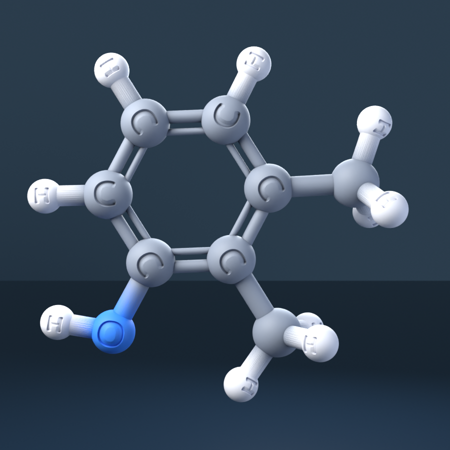 2,3-Dimethylphenol (CAS 1300-71-6), C8H10O - 3D ball-and-stick molecular model, engraved element symbols (C H O), MolGod STL preview 2,3-Dimethylphenol (CAS 1300-71-6), C8H10O - 3D ball-and-stick molecular model, engraved element symbols (C H O), MolGod STL preview