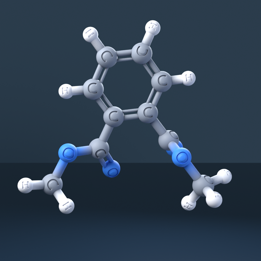 Dimethyl Phthalate (CAS 131-11-3), C10H10O4 - 3D ball-and-stick molecular model, engraved element symbols (C H O), MolGod STL preview Dimethyl Phthalate (CAS 131-11-3), C10H10O4 - 3D ball-and-stick molecular model, engraved element symbols (C H O), MolGod STL preview