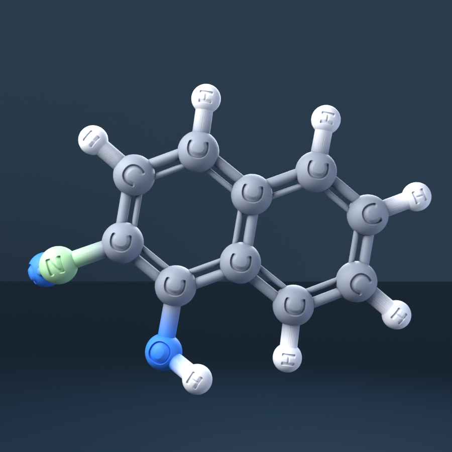 2-Nitroso-1-naphthol (CAS 132-53-6), C10H7NO2 - 3D ball-and-stick molecular model, engraved element symbols (C H N O), MolGod STL preview 2-Nitroso-1-naphthol (CAS 132-53-6), C10H7NO2 - 3D ball-and-stick molecular model, engraved element symbols (C H N O), MolGod STL preview