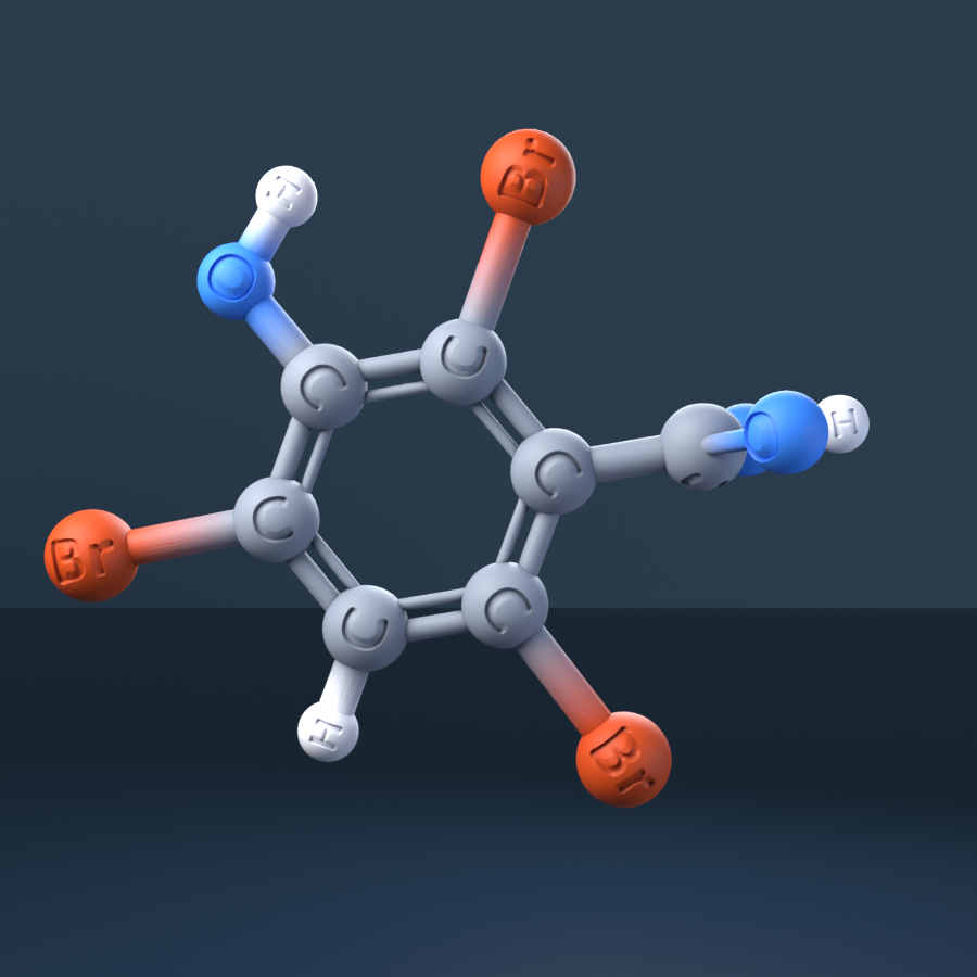 2,4,6-Tribromo-3-hydroxybenzoic acid (CAS 14348-40-4), C7H3Br3O3 - 3D ball-and-stick molecular model, engraved element symbols (C H Br O), MolGod STL preview 2,4,6-Tribromo-3-hydroxybenzoic acid (CAS 14348-40-4), C7H3Br3O3 - 3D ball-and-stick molecular model, engraved element symbols (C H Br O), MolGod STL preview