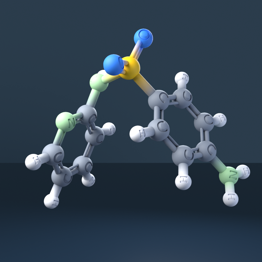 Sulfapyridine (CAS 144-83-2), C11H11N3O2S - 3D ball-and-stick molecular model, engraved element symbols (C H N O S), MolGod STL preview Sulfapyridine (CAS 144-83-2), C11H11N3O2S - 3D ball-and-stick molecular model, engraved element symbols (C H N O S), MolGod STL preview