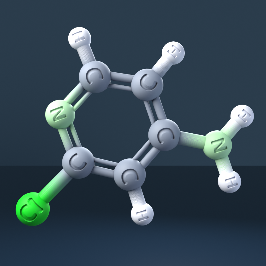 2-Chloropyridin-4-amine (CAS 14432-12-3), C5H5ClN2 - 3D ball-and-stick molecular model, engraved element symbols (C H Cl N), MolGod STL preview 2-Chloropyridin-4-amine (CAS 14432-12-3), C5H5ClN2 - 3D ball-and-stick molecular model, engraved element symbols (C H Cl N), MolGod STL preview