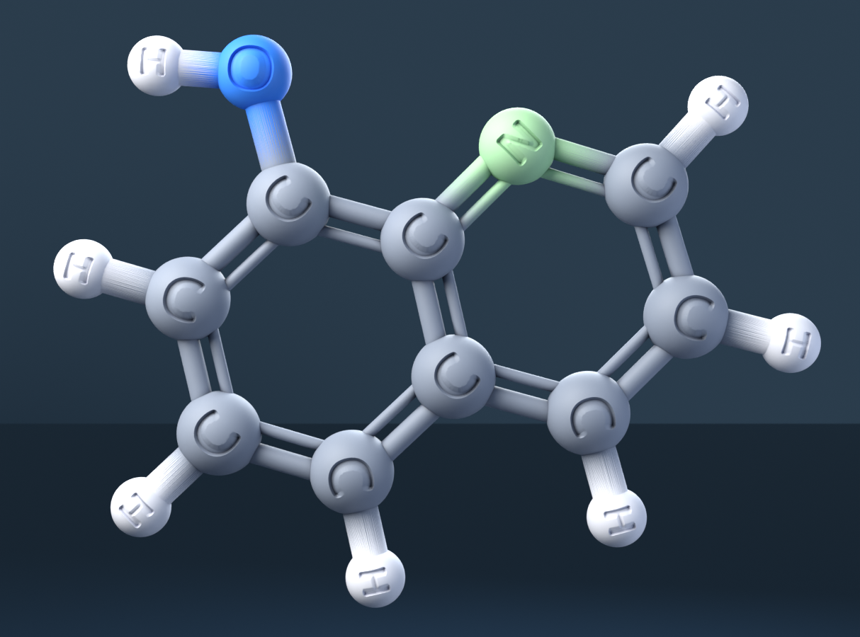 8-Hydroxyquinoline (CAS 148-24-3), C9H7NO - 3D ball-and-stick molecular model, engraved element symbols (C H N O), MolGod STL preview 8-Hydroxyquinoline (CAS 148-24-3), C9H7NO - 3D ball-and-stick molecular model, engraved element symbols (C H N O), MolGod STL preview