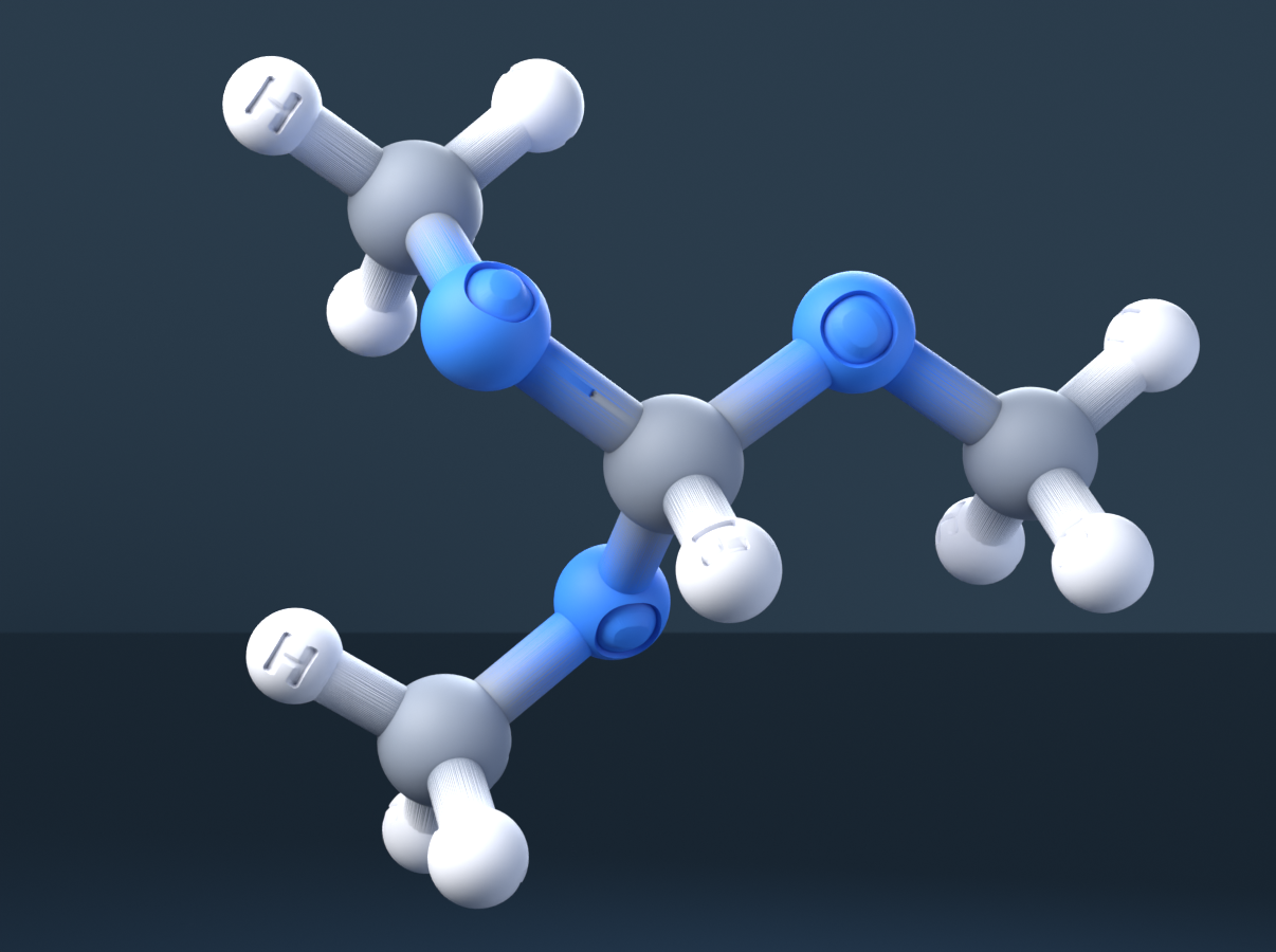 Trimethyl orthoformate (CAS 149-73-5), C4H10O3 - 3D ball-and-stick molecular model, engraved element symbols (C H O), MolGod STL preview Trimethyl orthoformate (CAS 149-73-5), C4H10O3 - 3D ball-and-stick molecular model, engraved element symbols (C H O), MolGod STL preview