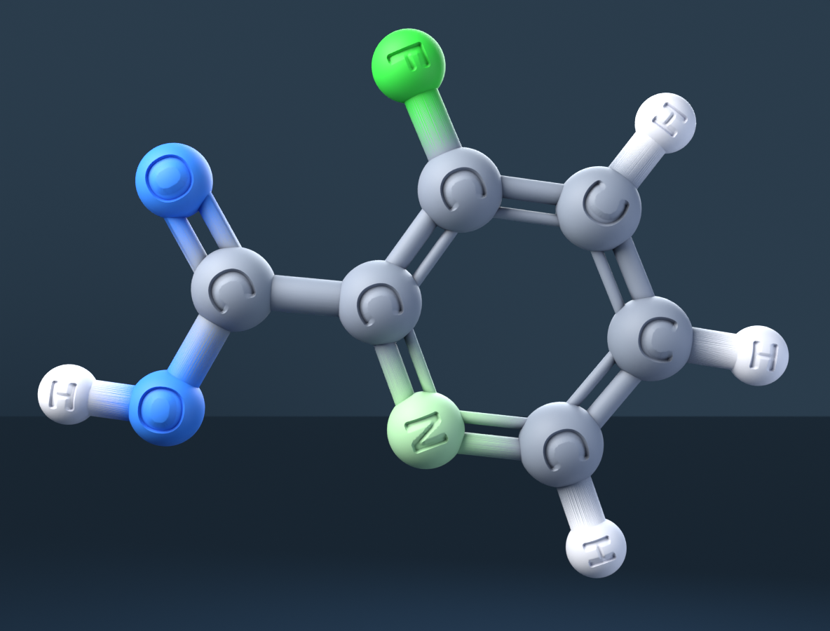 3-Fluoropyridine-2-carboxylic acid (CAS 152126-31-3), C6H4FNO2 - 3D ball-and-stick molecular model, engraved element symbols (C H F N O), MolGod STL preview 3-Fluoropyridine-2-carboxylic acid (CAS 152126-31-3), C6H4FNO2 - 3D ball-and-stick molecular model, engraved element symbols (C H F N O), MolGod STL preview