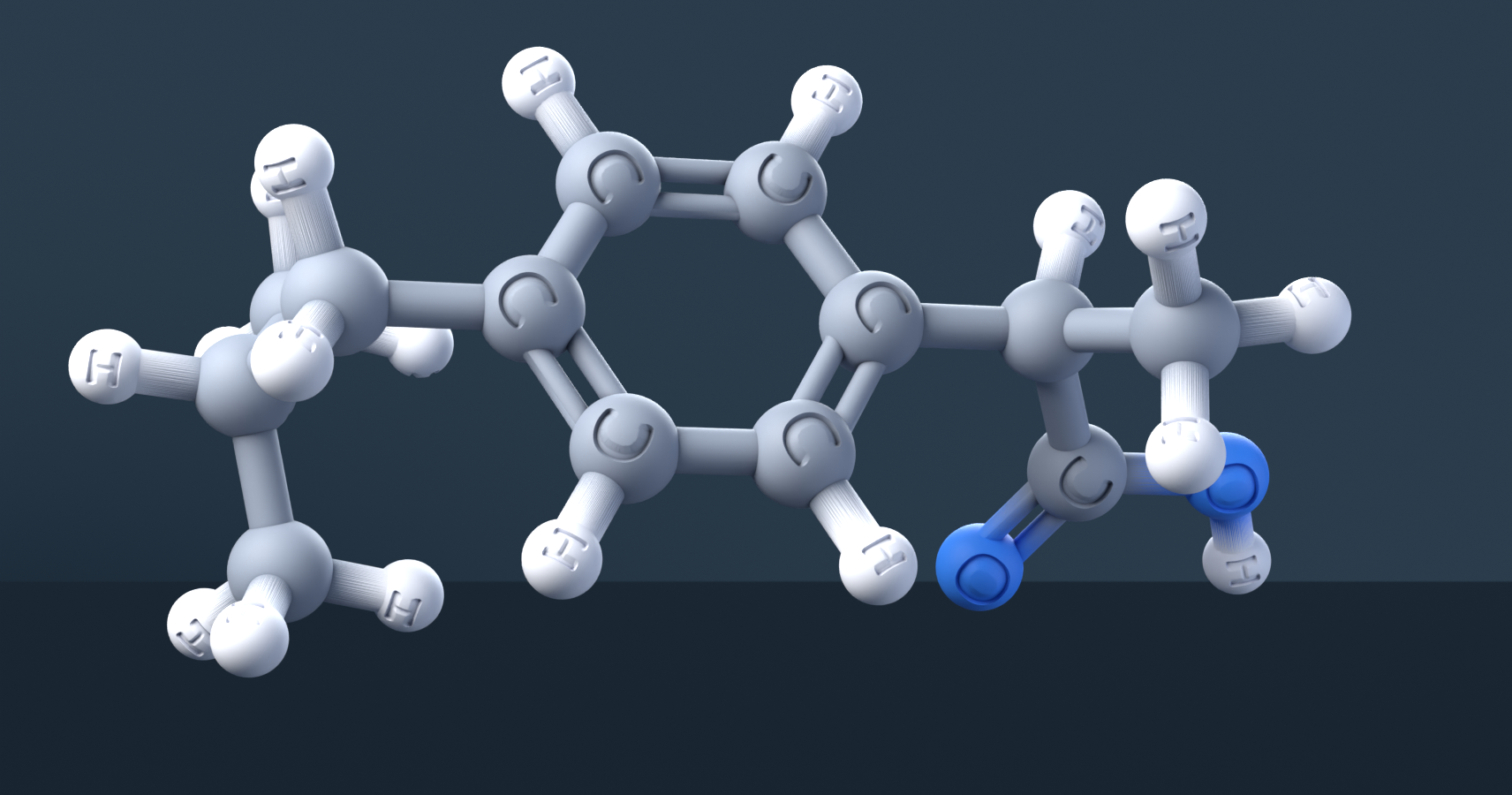 Ibuprofen, (+-)- (CAS 15687-27-1), C13H18O2 - 3D ball-and-stick molecular model, engraved element symbols (C H O), MolGod STL preview Ibuprofen, (+-)- (CAS 15687-27-1), C13H18O2 - 3D ball-and-stick molecular model, engraved element symbols (C H O), MolGod STL preview