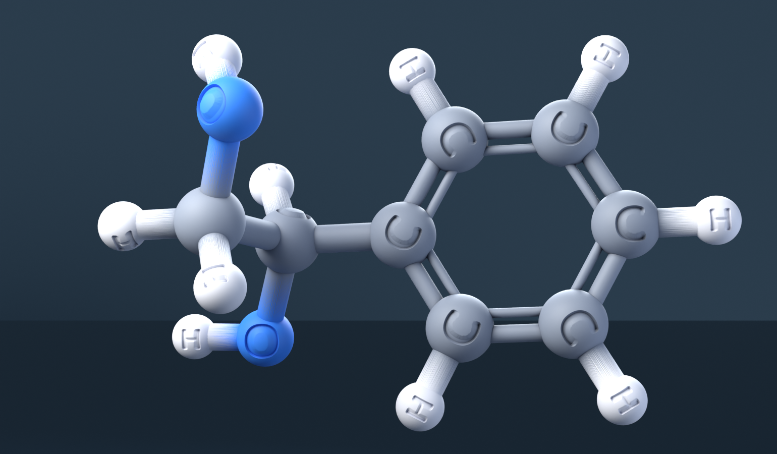 (1R)-(-)-1-Phenylethane-1,2-diol (CAS 16355-00-3), C8H10O2 - 3D ball-and-stick molecular model, engraved element symbols (C H O), MolGod STL preview (1R)-(-)-1-Phenylethane-1,2-diol (CAS 16355-00-3), C8H10O2 - 3D ball-and-stick molecular model, engraved element symbols (C H O), MolGod STL preview