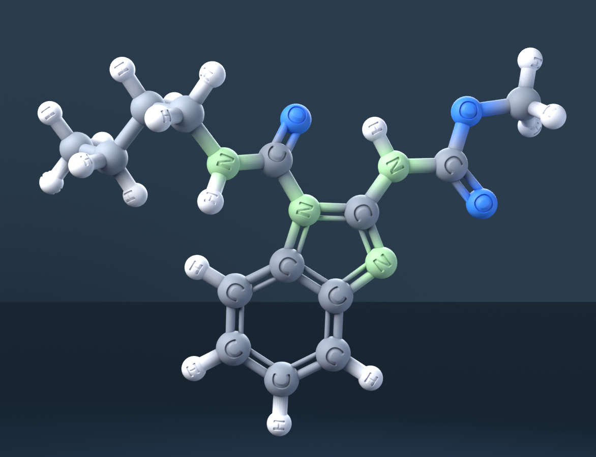 Benomyl (CAS 17804-35-2), C14H18N4O3 - 3D ball-and-stick molecular model, engraved element symbols (C H N O), MolGod STL preview Benomyl (CAS 17804-35-2), C14H18N4O3 - 3D ball-and-stick molecular model, engraved element symbols (C H N O), MolGod STL preview