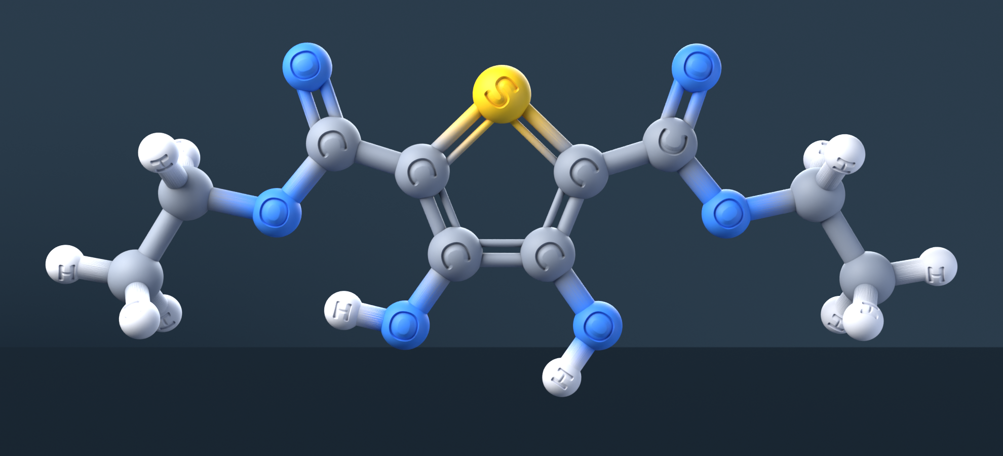 3,4-Dihydroxy-thiophene-2,5-dicarboxylic acid diethyl ester (CAS 1822-66-8), C10H12O6S - 3D ball-and-stick molecular model, engraved element symbols (C H O S), MolGod STL preview 3,4-Dihydroxy-thiophene-2,5-dicarboxylic acid diethyl ester (CAS 1822-66-8), C10H12O6S - 3D ball-and-stick molecular model, engraved element symbols (C H O S), MolGod STL preview