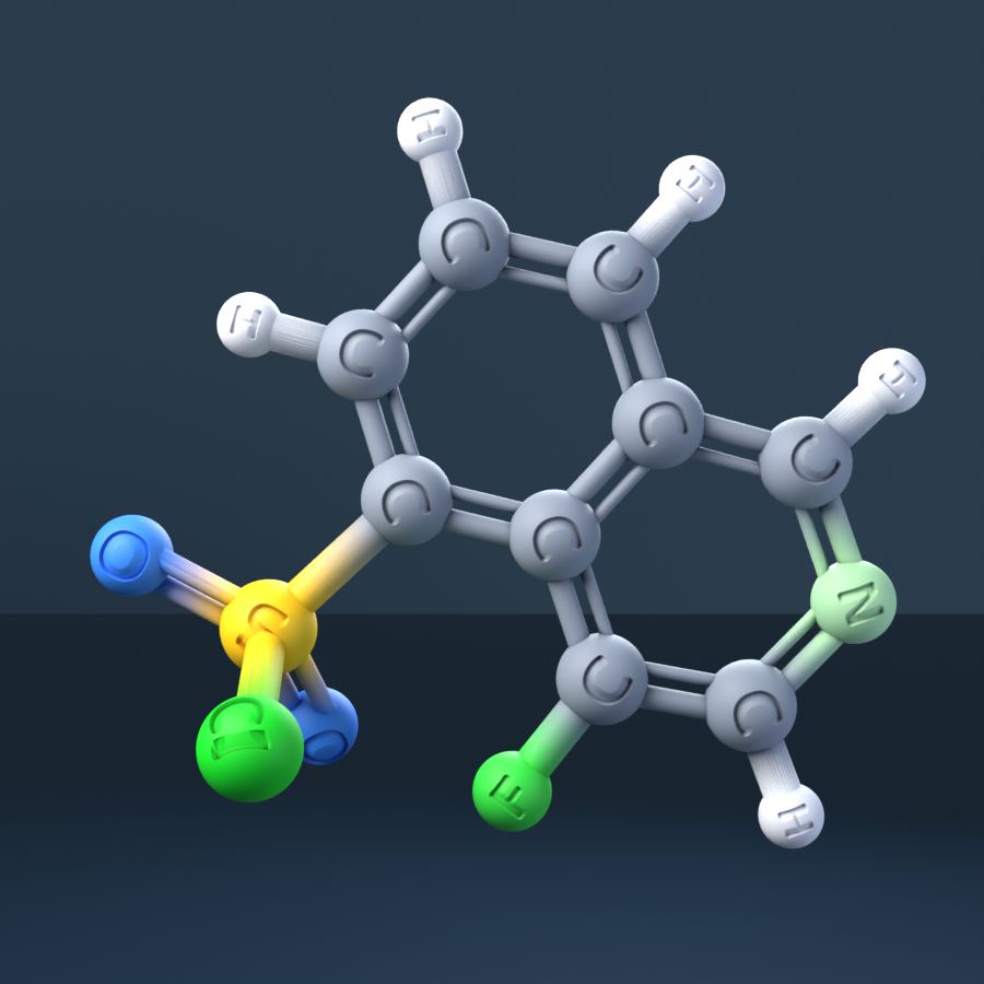 4-Fluoroisoquinoline-5-sulfonylchloride (CAS 194032-33-2), C9H5ClFNO2S - 3D ball-and-stick molecular model, engraved element symbols (C H Cl F N O S), MolGod STL preview 4-Fluoroisoquinoline-5-sulfonylchloride (CAS 194032-33-2), C9H5ClFNO2S - 3D ball-and-stick molecular model, engraved element symbols (C H Cl F N O S), MolGod STL preview