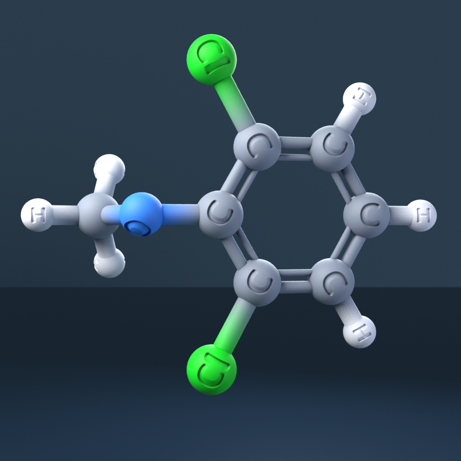2,6-Dichloroanisole (CAS 1984-65-2), C7H6Cl2O - 3D ball-and-stick molecular model, engraved element symbols (C H Cl O), MolGod STL preview 2,6-Dichloroanisole (CAS 1984-65-2), C7H6Cl2O - 3D ball-and-stick molecular model, engraved element symbols (C H Cl O), MolGod STL preview