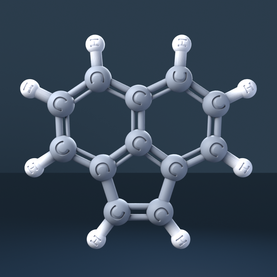 Acenaphthylene (CAS 208-96-8), C12H8 - 3D ball-and-stick molecular model, engraved element symbols (C H), MolGod STL preview Acenaphthylene (CAS 208-96-8), C12H8 - 3D ball-and-stick molecular model, engraved element symbols (C H), MolGod STL preview